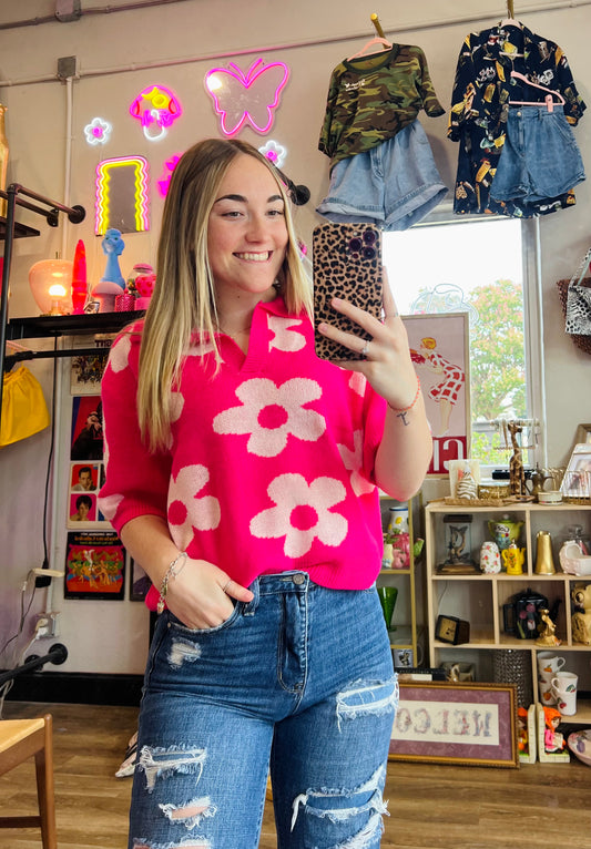 Flower Sweater Top With Shirt Collar