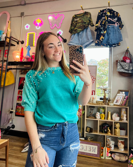 Pearl Beaded Short Sleeve Color Block Sweater Top