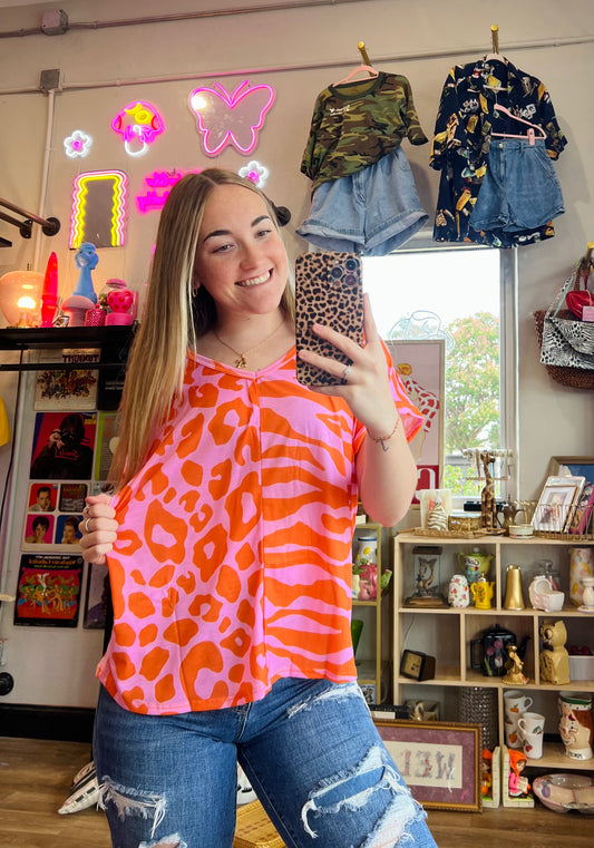 Leopard And Zebra Combo Roll Up Sleeves Top