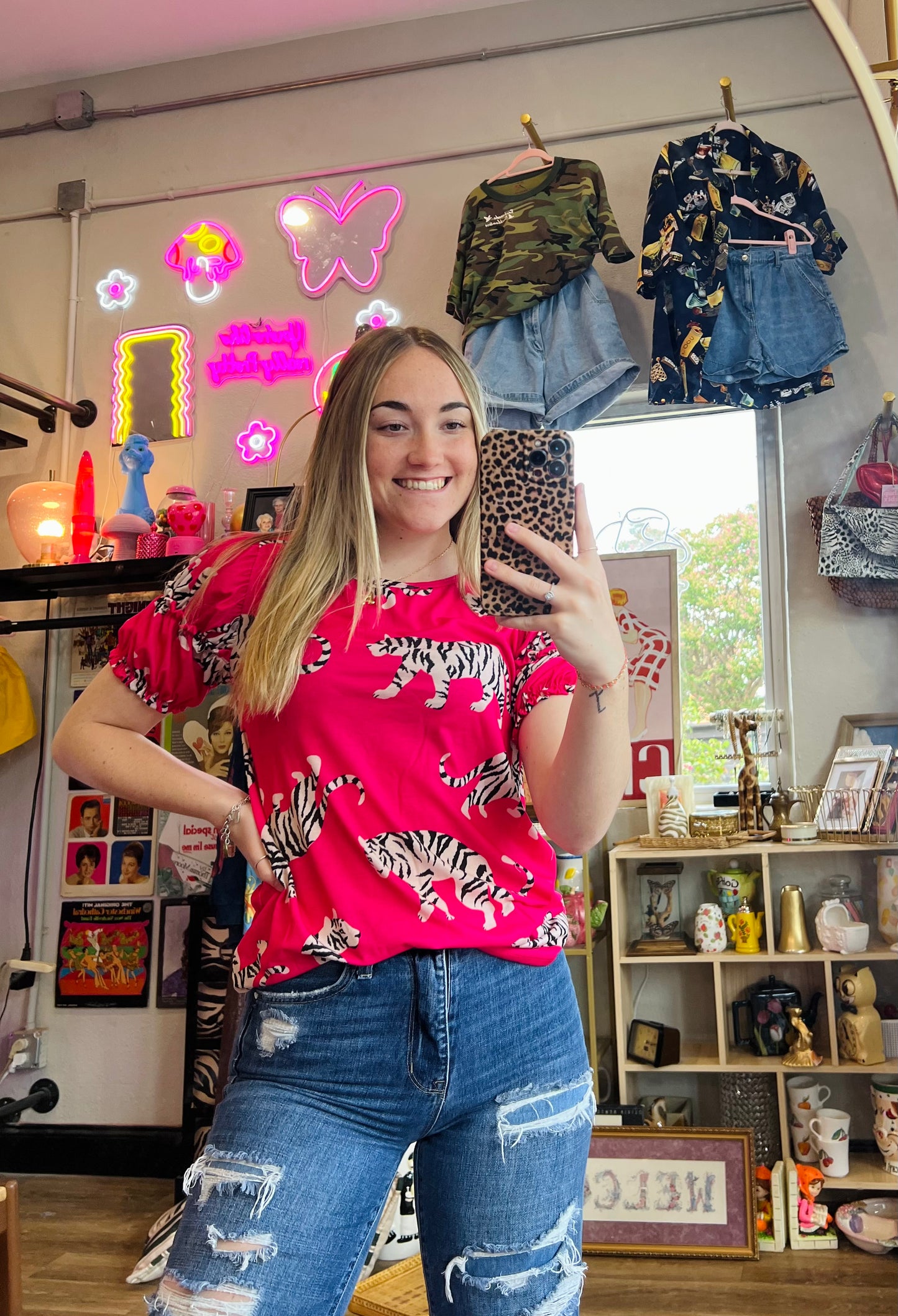 Big Tiger Jersey Ruffled Puff Sleeves Top