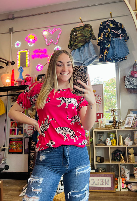 Big Tiger Jersey Ruffled Puff Sleeves Top