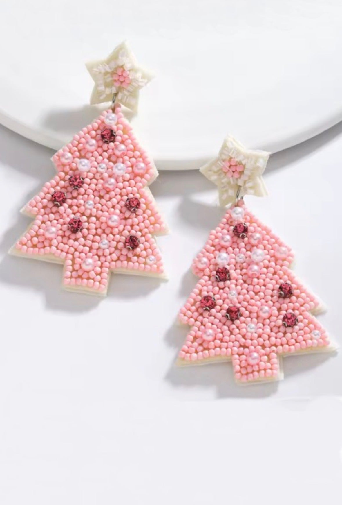 Pink Christmas Tree Beaded Earrings