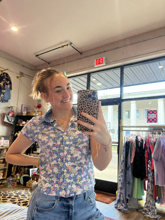 Vintage 90s Floral Top w Denim Collar S