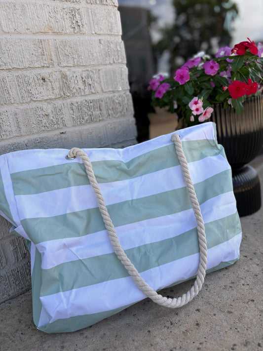 STRIPED WATERPROOF LARGE CANVAS BEACH BAG